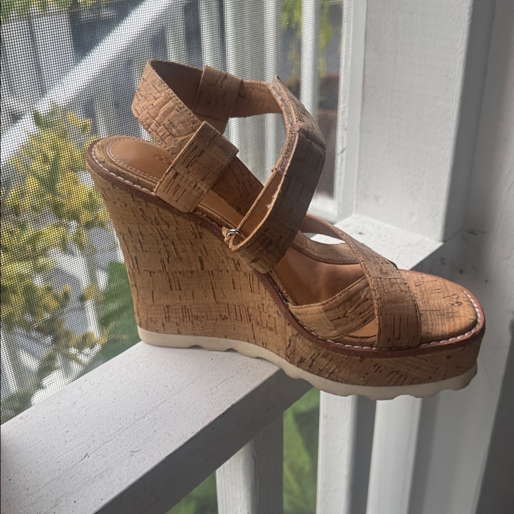 Bill Blass Rae Wedge Sandals In Tan Cork View 4